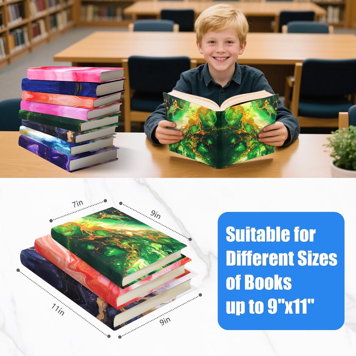 8 Pack Stretchable Book Covers, Marble Book Sleeve for Paperbacks Hardcover Textbook up to 9 x 11 in, Washable, Reusable Book Protector with Label Sticker for School Boys Girls Read Lovers