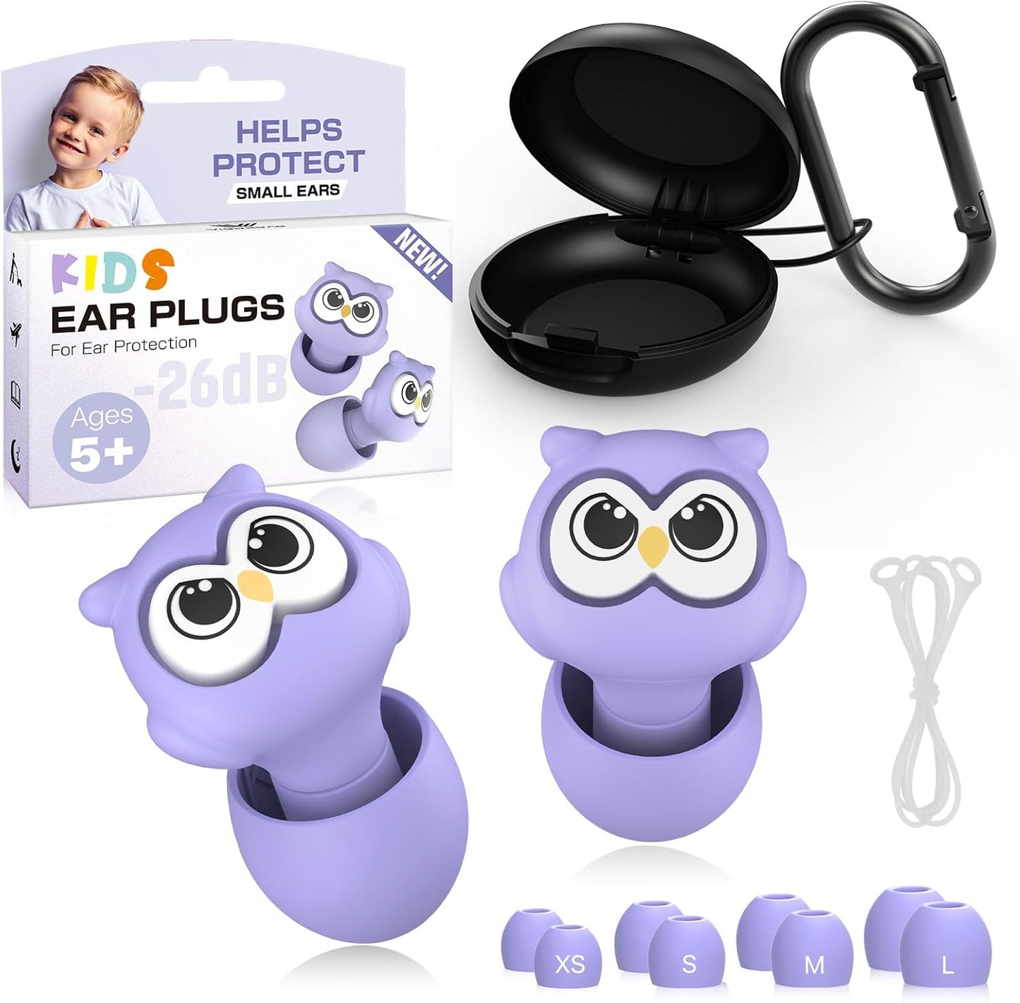 Kids Ear Plugs for Ear Protection Kids 5+, Adults & Small Ears, 4 Sizes Silicone Tips with Safety Cord, 26dB Noise Reduction Earplugs for School, Airplane, Travel, Concerts & Noise Sensitivity