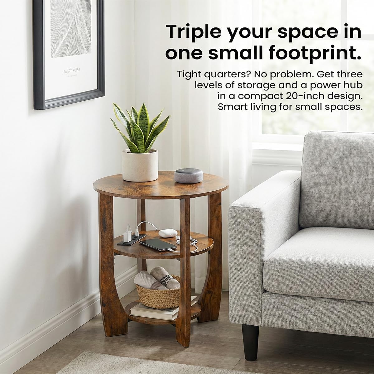 Round Side Table with Charging Station,3 Tier End Table with USB Ports & Outlets,19.7" Nightstand for Bedroom,Living Room,Small Spaces,Rustic Brown Wood Look Accent Table