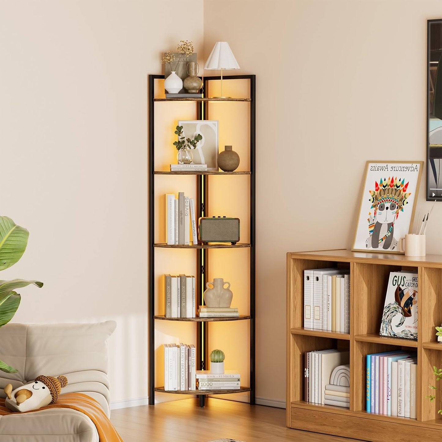 Heavy-Duty Corner Shelf, Retro Style with LED Light, 5-Tier Modern Corner Bookshelf, Wood and Metal Tall Corner Shelf, for Living Room, Office, Bedroom, Kitchen (Retro Brown)