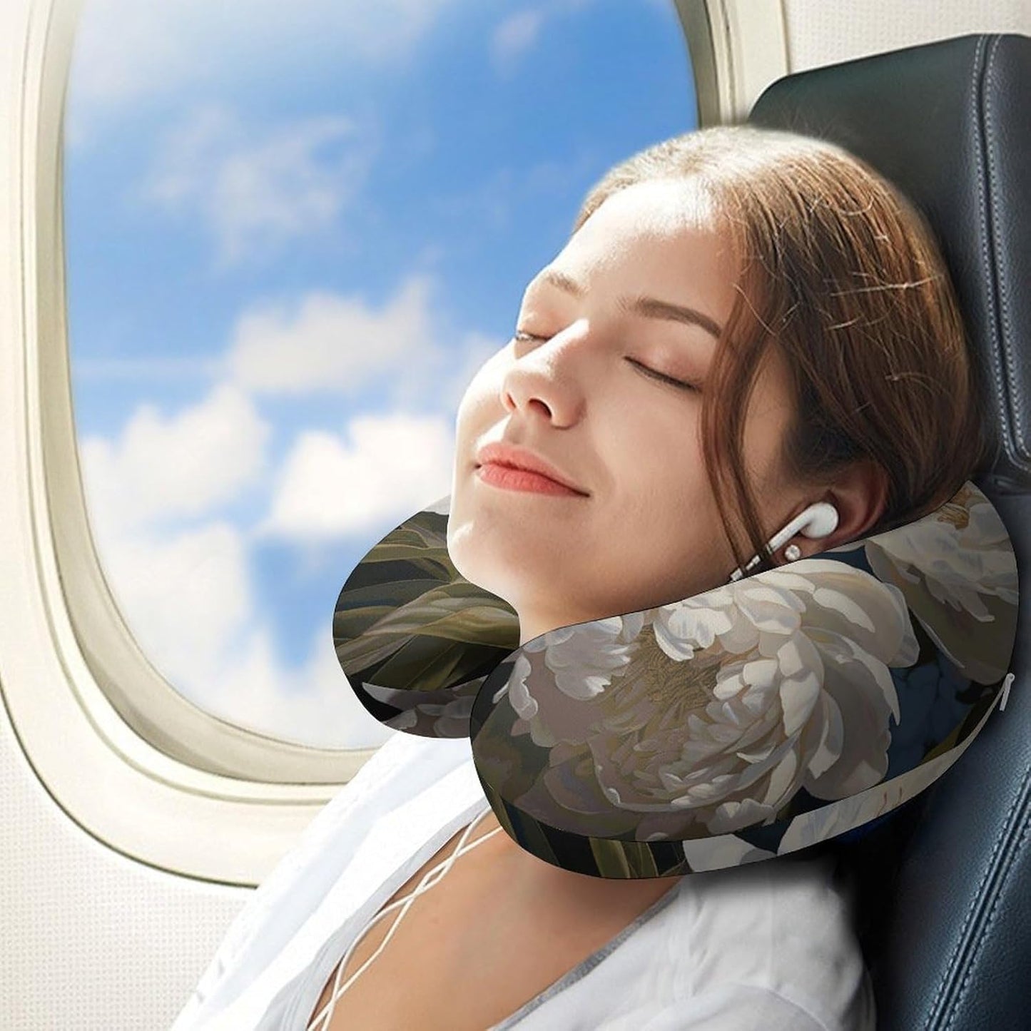 White Peony Neck Pillow Memory Foam U Shaped Pillows Portable Pillows for Shoulder Travel Head Support Pillow with Concealed Zipper for Airplane Car Home Office