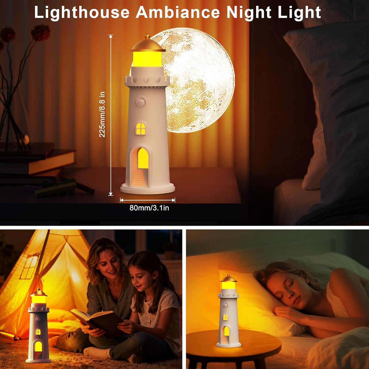 easuntec Moon Projection Night Light Motion Sensor, Rechargeable Dimmable Timer, Moon Lamp Auto On/Off for Bedroom, Nursery, Kids, Adults, Moon Lighthouse Gifts for Girls Boys (Warm White)