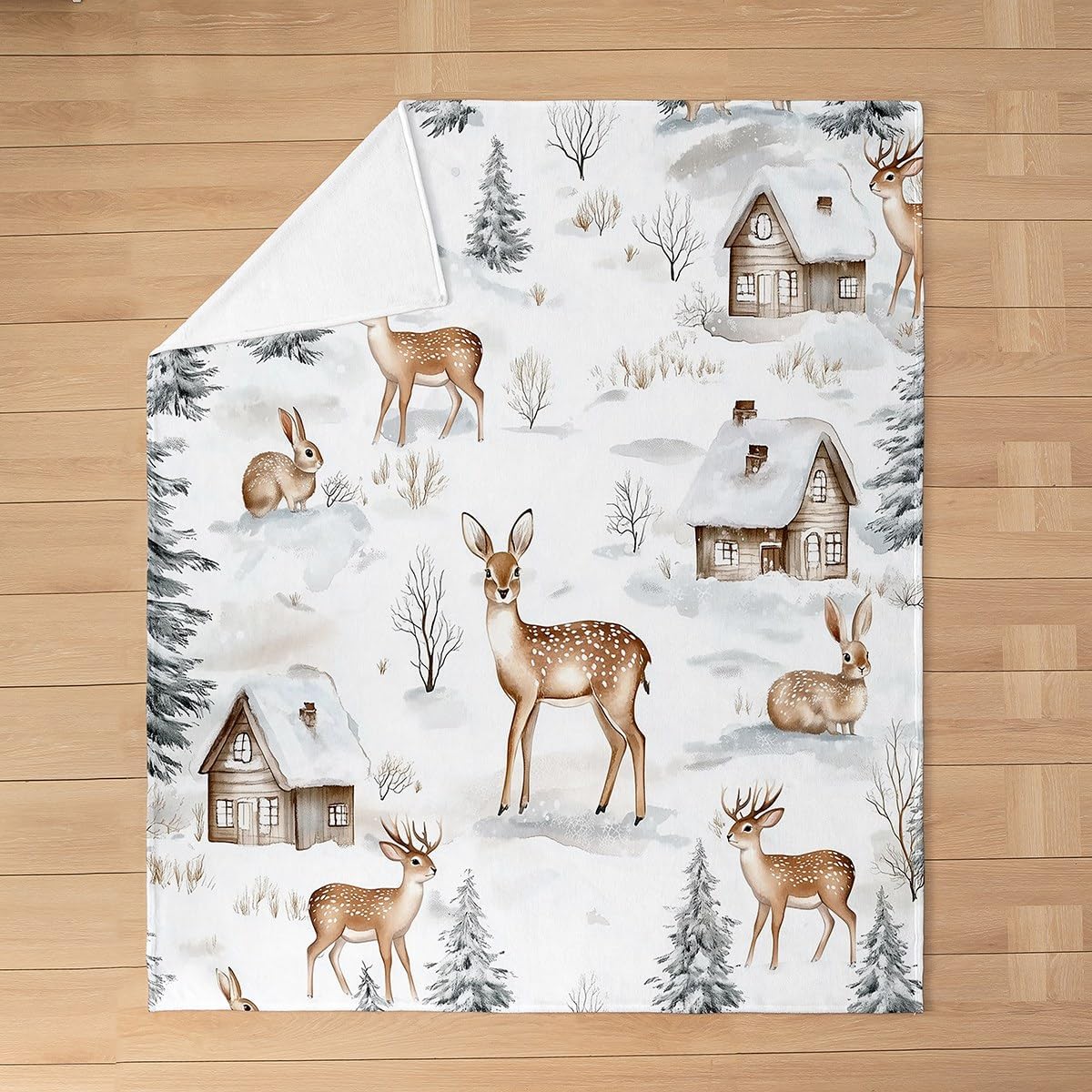 Watercolor Cute Deer Throw Blanket Winter Natural Pine Trees Flannel Blanket for Kids Teens Adults Lovely Wild Animals Rustic Farmhouse Style Bed Blanket for Bedroom Couch 30x40