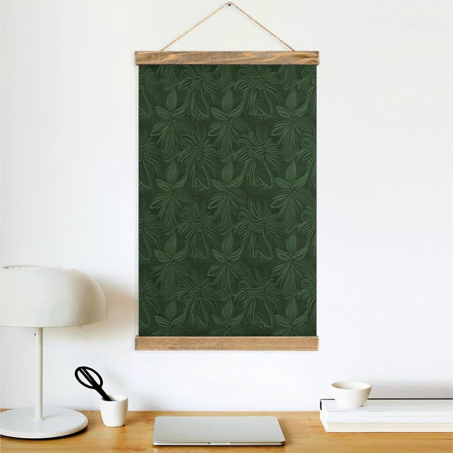 Vintage Hunter Green Floral Petals Pattern Poster with Wooden Frame Personalized Linen Hanging Scroll Painting Rustic Wall Hanging Illustrative Modern Artwork Decor for Home Living Room Bedroom Office