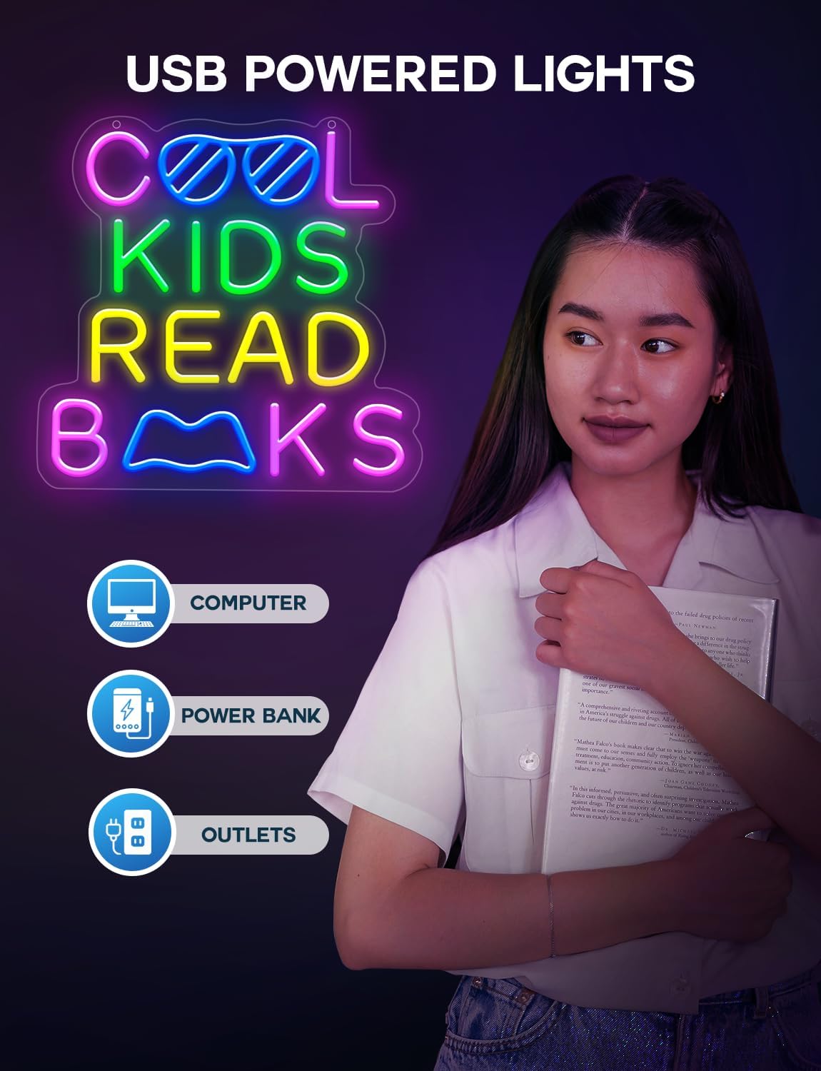 Lumoonosity Cool Kids Read Books Neon Sign - Back to School Neon Light Sign for Classroom, Study Room, Library - Classroom Lights for Teachers, Students, Book Lovers - USB Powered with ON/OFF Switch