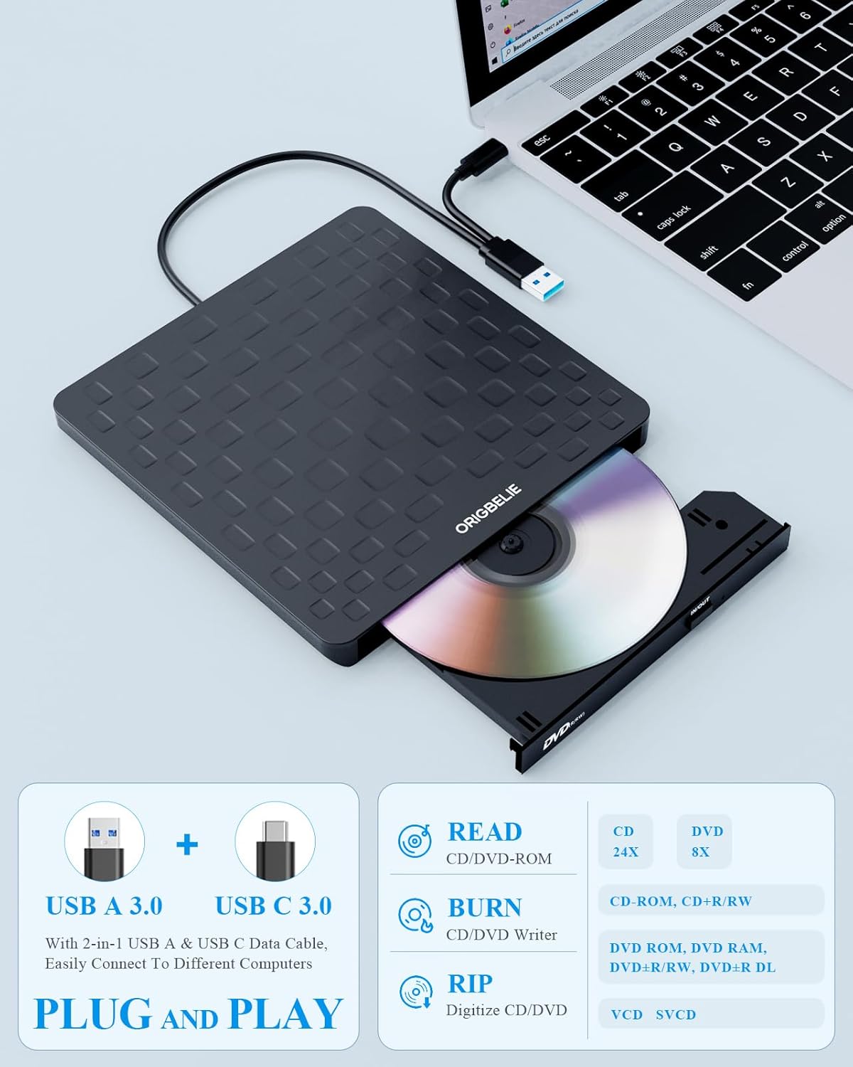 External CD DVD Drive for Laptop, USB 3.0 Type-C Ultra Slim 13mm DVD Player Portable CD DVD +/-RW Drive CD Burner Reader Writer Recorder for Desktop PC Windows 11/10/8/7 Linux Mac OS (Black)