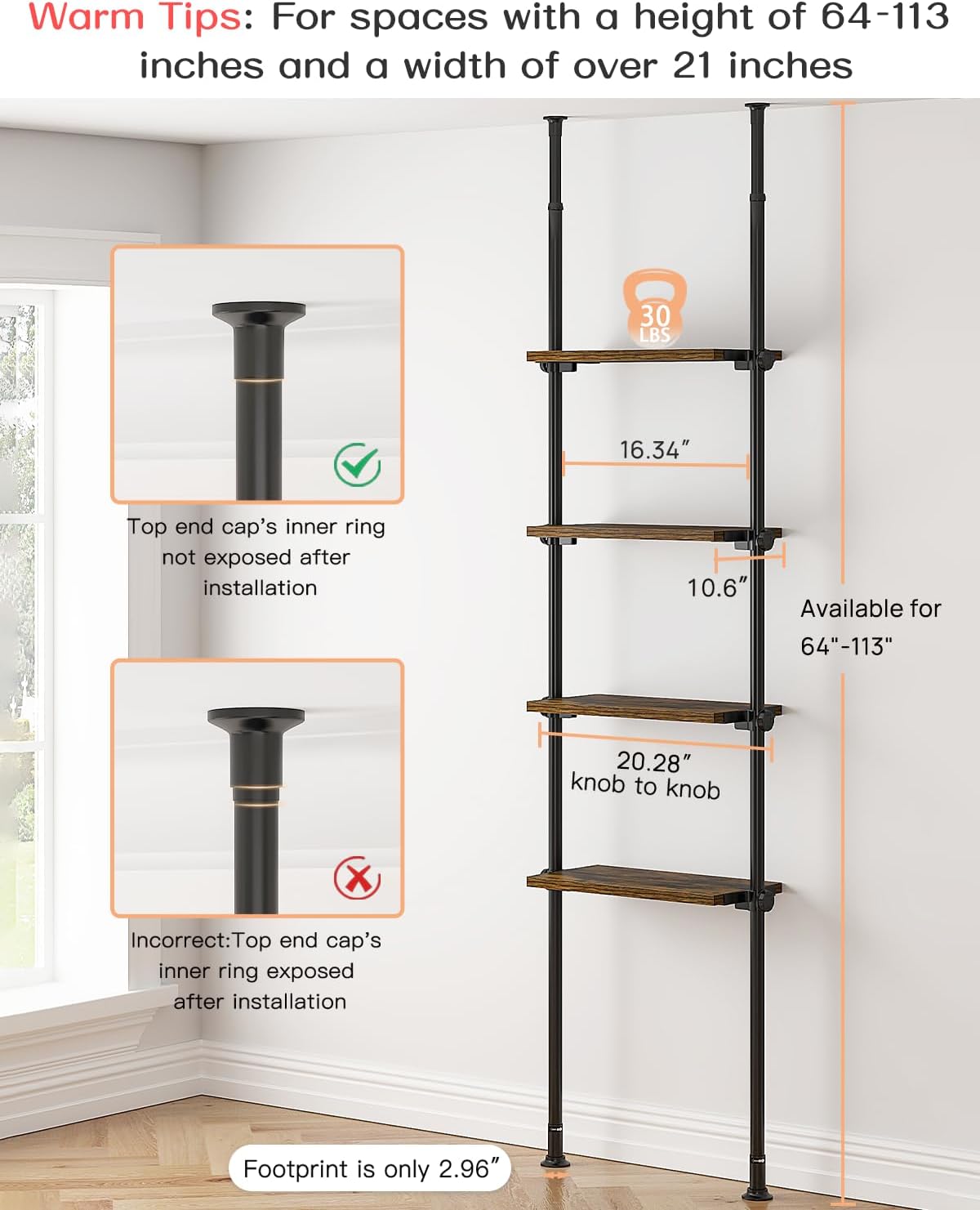 ALLZONE Adjustable Tall Narrow Bookshelf for Bedroom, 4-Tier Ladder Bookcase for Small Spaces, Tension Mount Tall Skinny Book Shelf with Open Storage, 64 to 113Inch Height