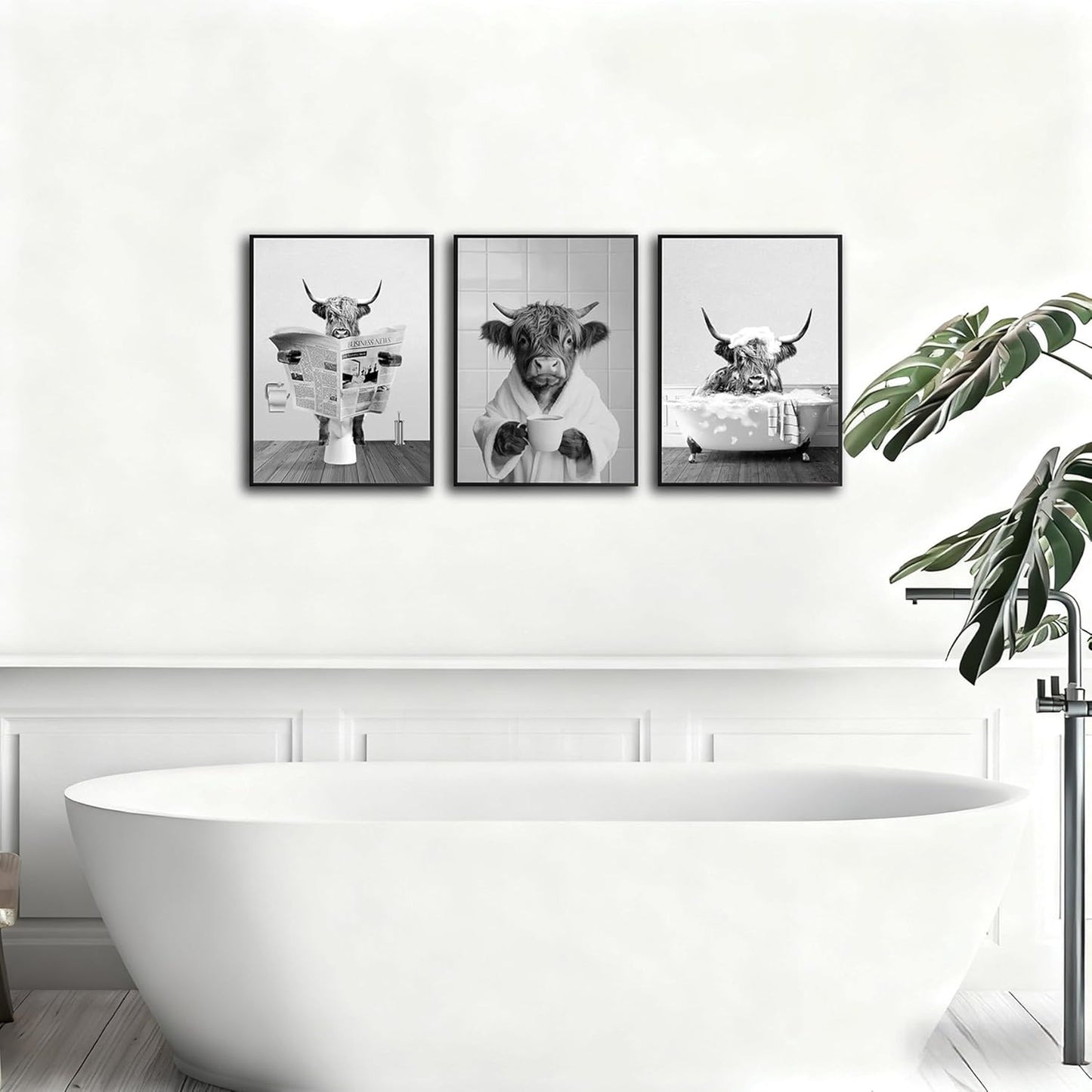 3pcs Funny Highland Cow Bathroom Wall Art Black and White Animal Poster Prints Newspaper Reading Bathtub Highland Cow Pictuer Painting Rustic Farmhouse Bathroom Wall Decor（16×24in Unframed）