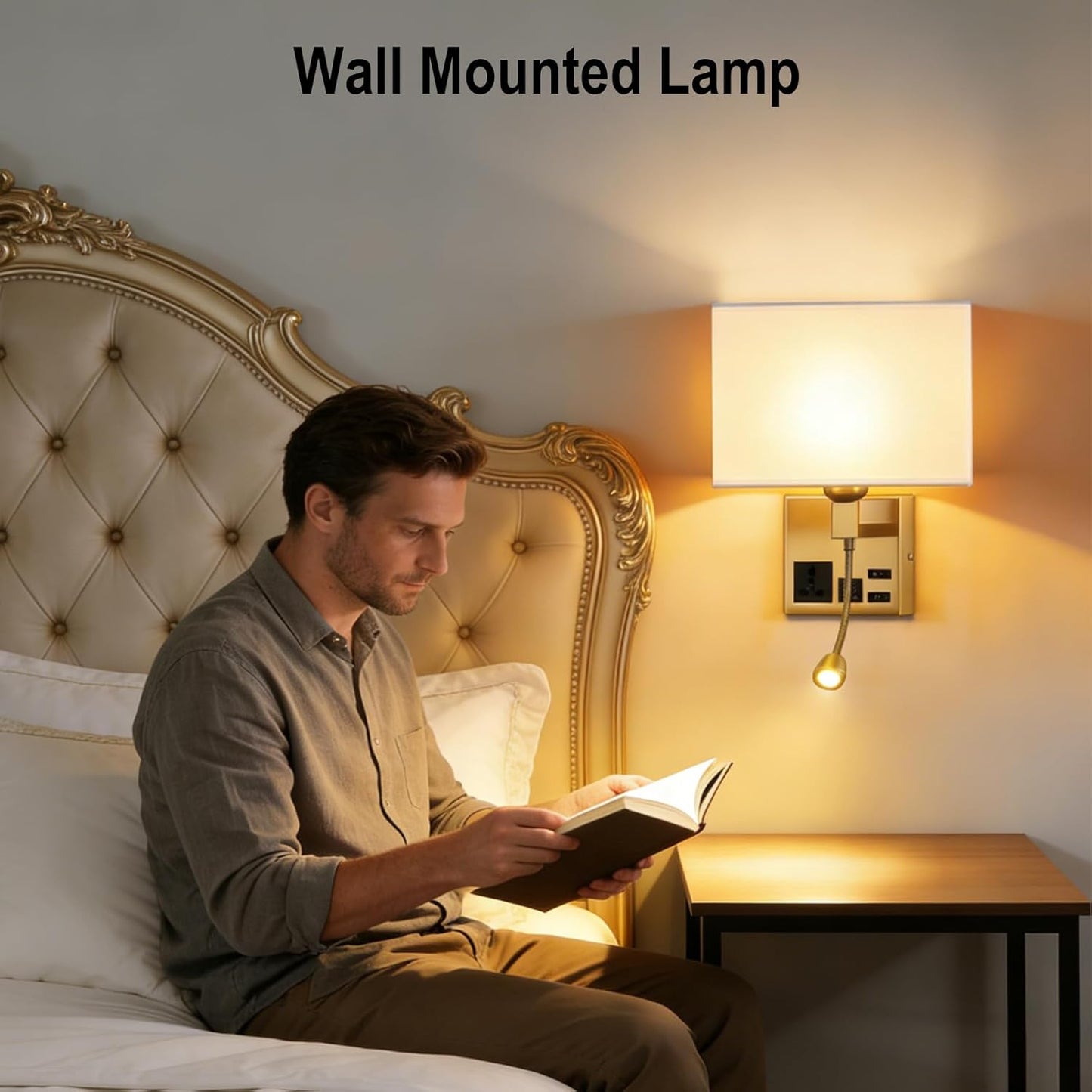 Wall Lamp for Bedroom Living Room Office Hotel, Plug in Wall Sconce with AC Outlet & USB Charging Port, Wall Mount Reading Light 360°Adjustable, Gold Headboard Lamp With 3 Color Temperature