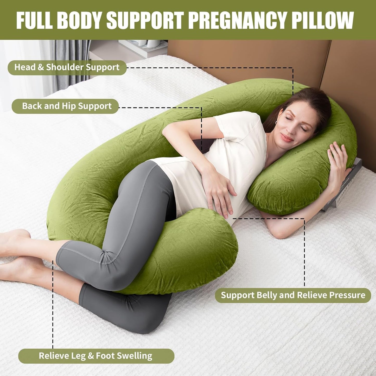 Pregnancy Pillow, C Shaped Full Body Pregnant Women Sleeping Pillow for Maternity Support with Cover (Green)