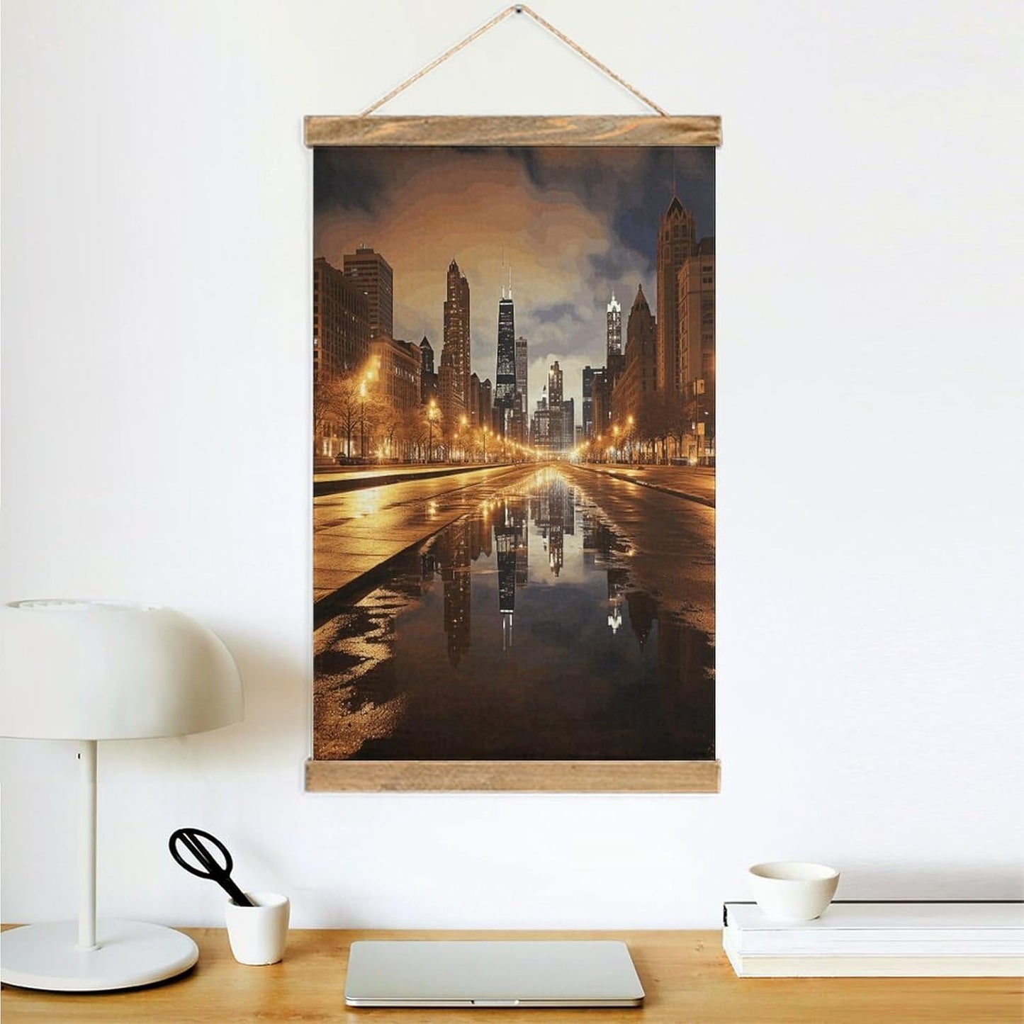 Vintage Chicago Poster with Wooden Frame Personalized Linen Hanging Scroll Painting Rustic Wall Hanging Illustrative Modern Artwork Decor for Home Living Room Bedroom Office