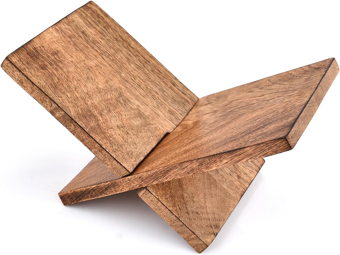 Edhas Wooden Book Holder, Coffee Table Stand & Easel for Magazines, Art, Cookbooks, Bible or Quran – Handcrafted Mango Wood with Burnt Finish (12.5" x 7" x 6")