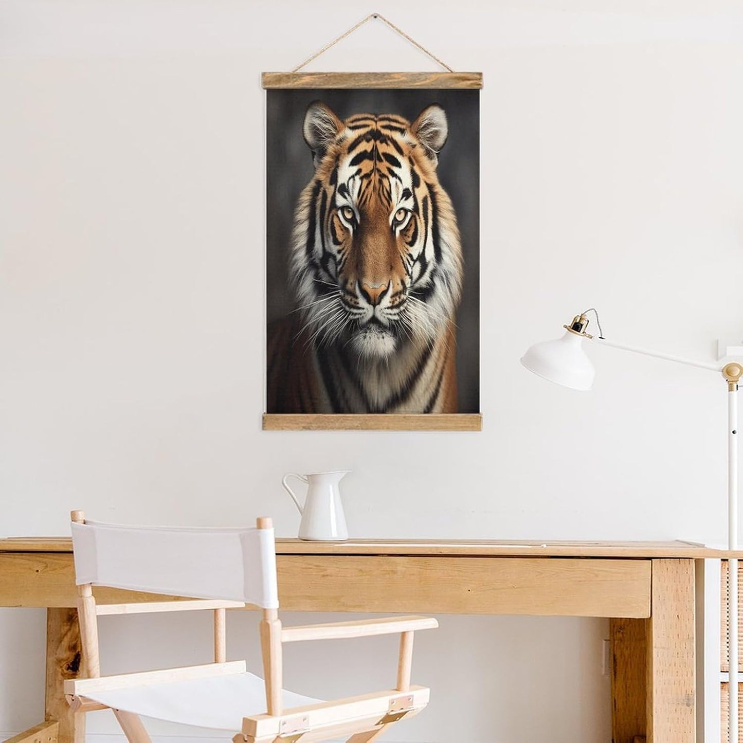 Vintage Tiger Poster with Wooden Frame Personalized Linen Hanging Scroll Painting Rustic Wall Hanging Illustrative Modern Artwork Decor for Home Living Room Bedroom Office