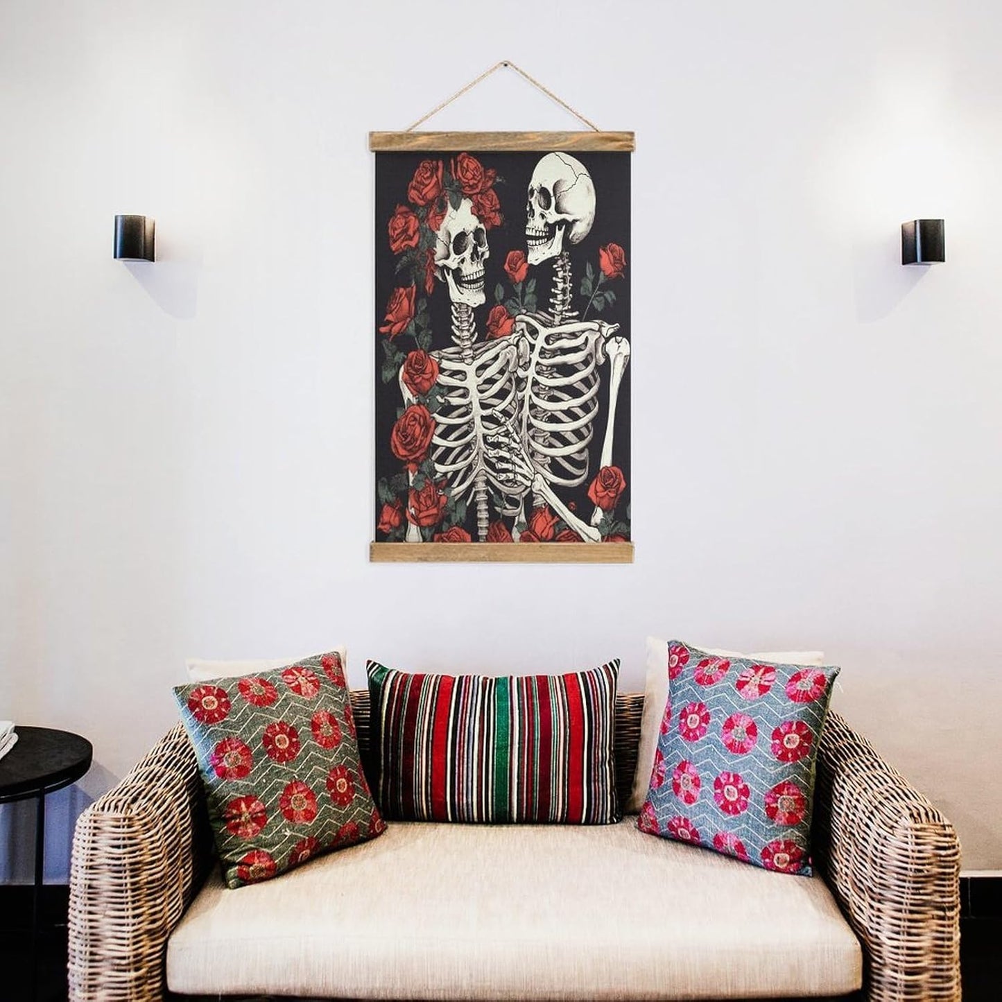 Vintage Rose And Skeleton Poster with Wooden Frame Personalized Linen Hanging Scroll Painting Rustic Wall Hanging Illustrative Modern Artwork Decor for Home Living Room Bedroom Office