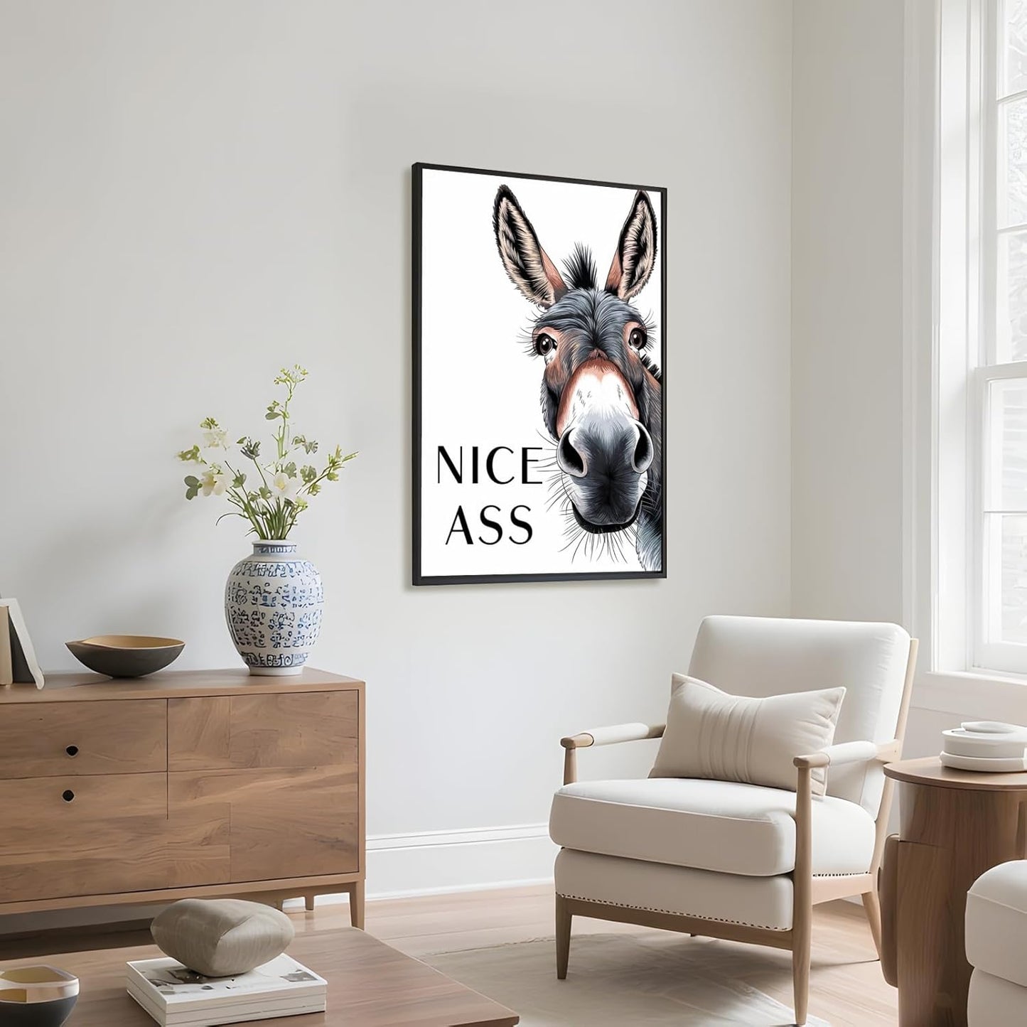 Framed Black and White Donkey Decor Bathroom Wall Art Nice Ass Funny Donkey in Bathroom Picture Poster Fun Animal Canvas Print Farmhouse Humor Wall Decor for Home Washroom Toilet 24X36inch