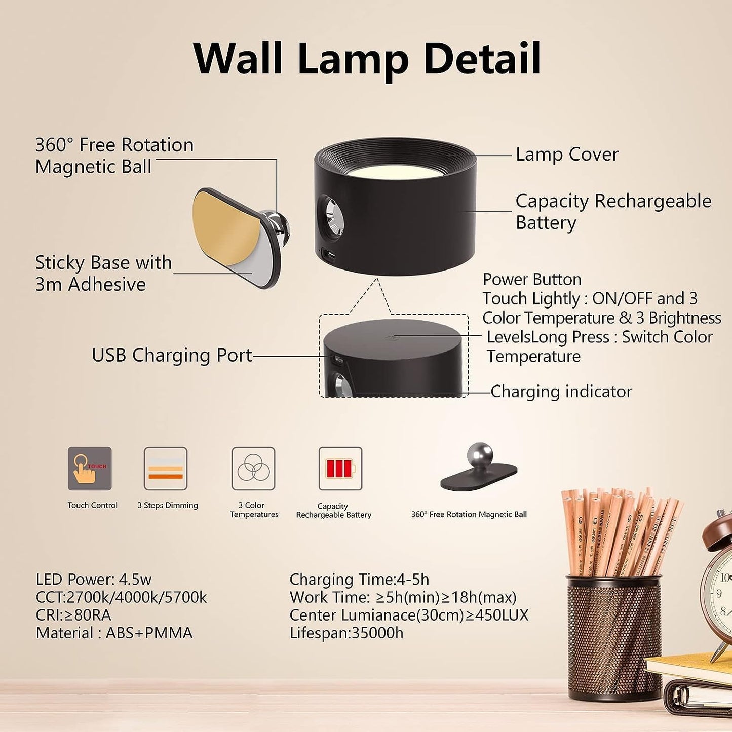 LED Wall Sconce, Wall Mounted Lamp with Rechargeable Battery Operated 3 Color Temperature & 3 Brightness Level 360°Rotate Magnetic Ball, Cordless Wall Light for Reading Bedside-White