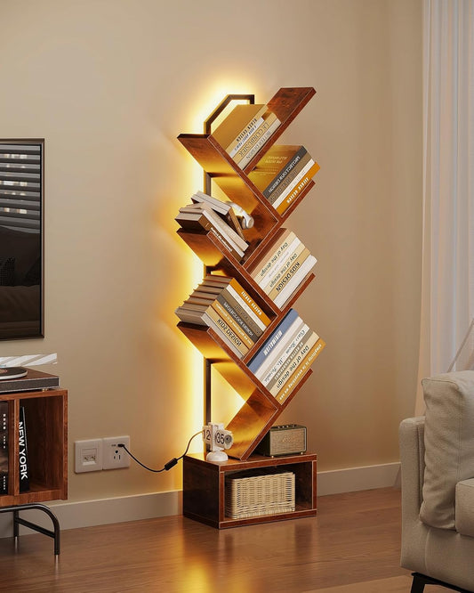 Casaottima Tree Bookshelf with LED Lights, 6-Tier Narrow Bookcase for Small Spaces, Tall Steel & Wood Storage Shelf with Cabinet, Home Decor & Organizer for Living Room/Bedroom/Home Office, Vintage