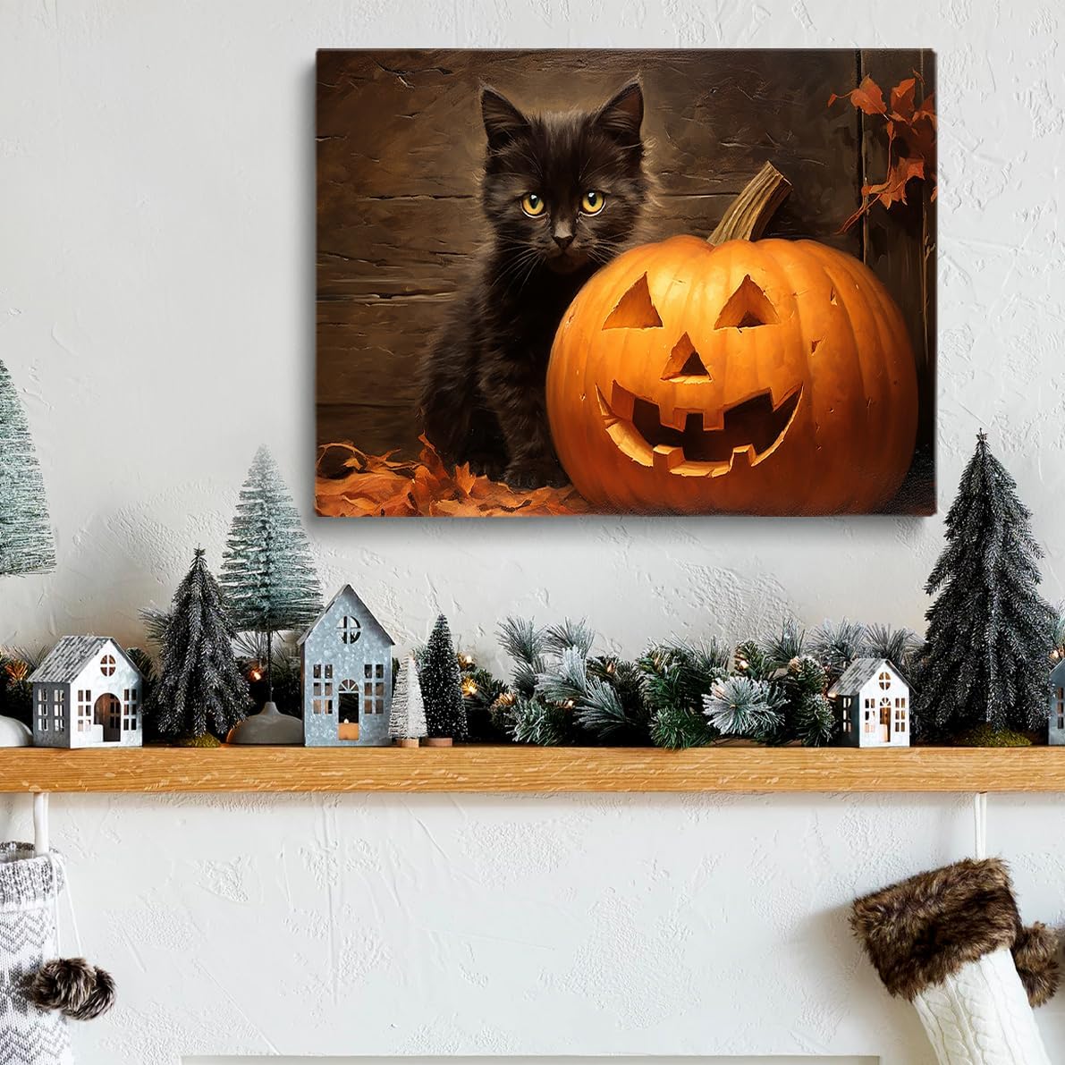XYHKZNB Cute Black Cat Wall Art with Autumn Pumpkins, Dark Academia Gothic Decor, Farmhouse Black Cat Print, Unique Bathroom Wall Art 12x16inch unframed