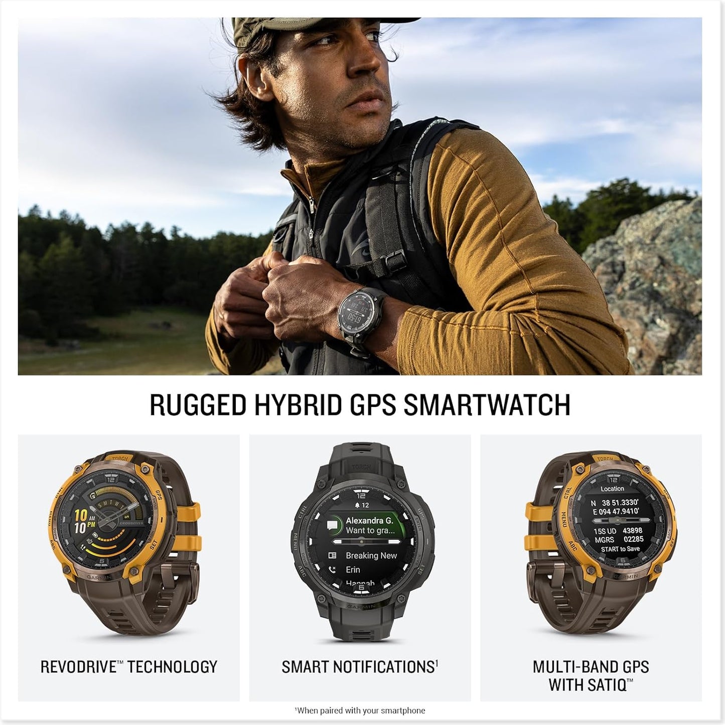 Garmin Instinct® Crossover AMOLED, Rugged Hybrid GPS Smartwatch with Analog Watch Hands and Bright AMOLED Display, Bronze/Sunburst with Cocoa Silicone Band
