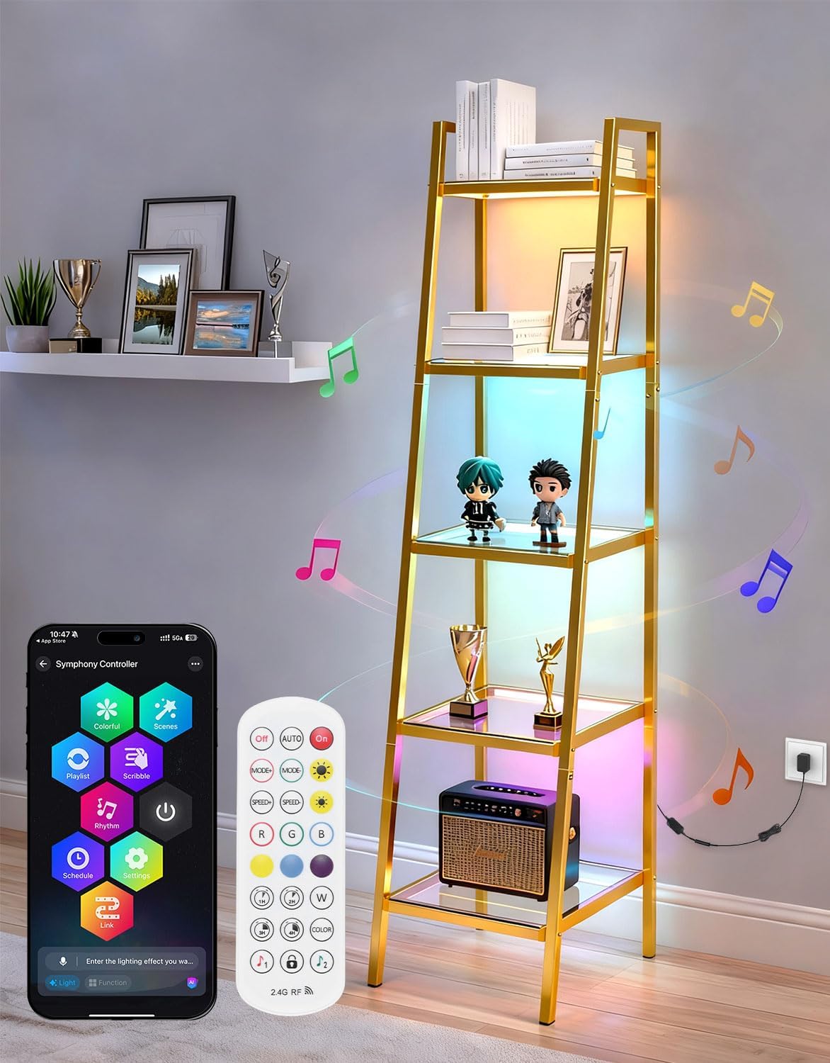 5-Tier Glass Display Shelf with RGB Light, 67" Ladder Bookshelf, Music Sync & 3 CCT, Dimmable App/Remote, Modern Freestanding Corner Storage Rack, Metal Organizer for Living Room Home Office, Gold