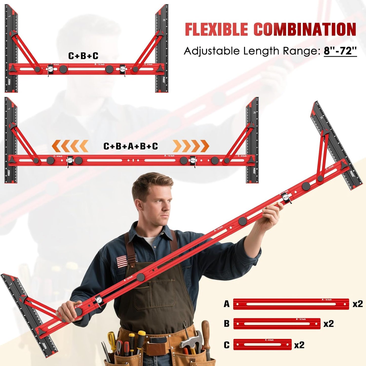 Stair Tread Template Tool, Stair Measuring Tool with Triangular Structure Brace and Edge Flip Stops, 8-72 in Solid Aluminum Alloy Stair Tread Jig for Accurately Measuring Stairs (Red)