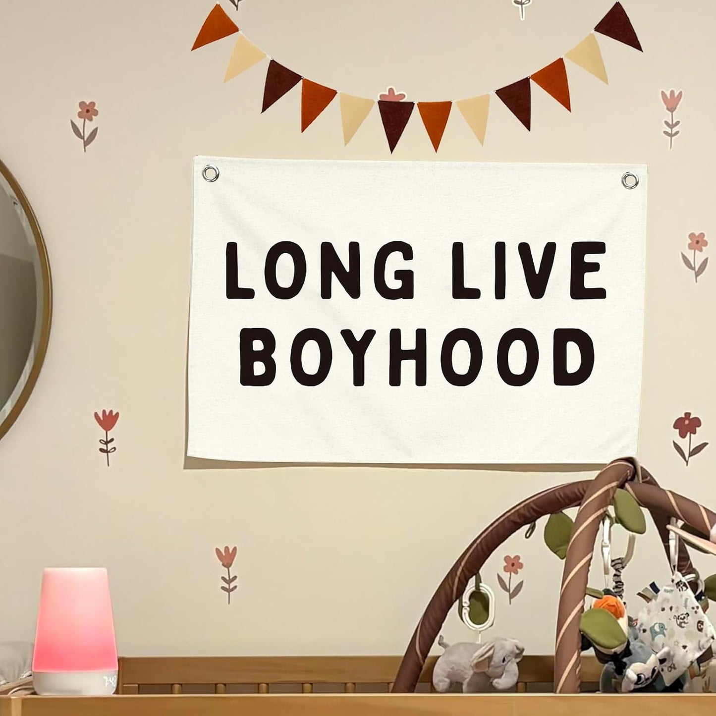 Long Live Boyhood Boys Room Decor Nursery Decor Linen Canvas Banner Wall Hanging Flag for Boys Bedroom Decoration Toddler Boy Room Nursery Wall Art 30x20 Inch with Neutral Felt Triangular Flags