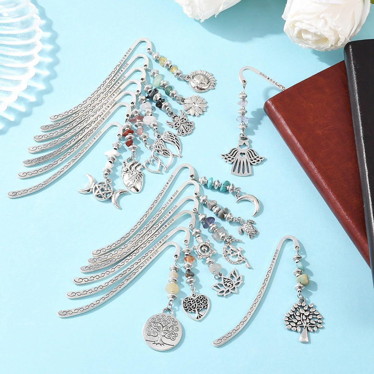 Tibetan Style Bookmarks Set, 15 Pieces Metal Alloy with Natural Crushed Stone Beads, Vintage Decorative Book Markers with Celestial Charms for Reading