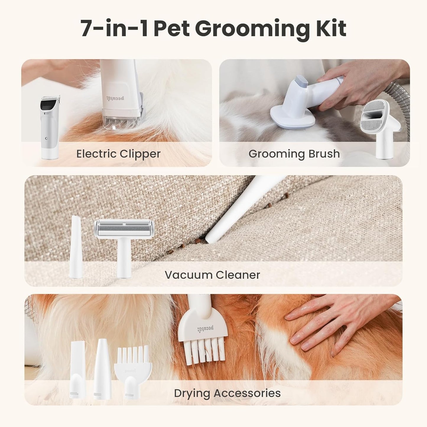 Pecute Dog Grooming Vacuum & Dryer, 7-in-1 Pet Grooming Kit with Clipper, 10000Pa Dog Vacuum for Shedding Grooming, Adjustable Speed & Temp, 55dB Low Noise,1.7L Dust Cup
