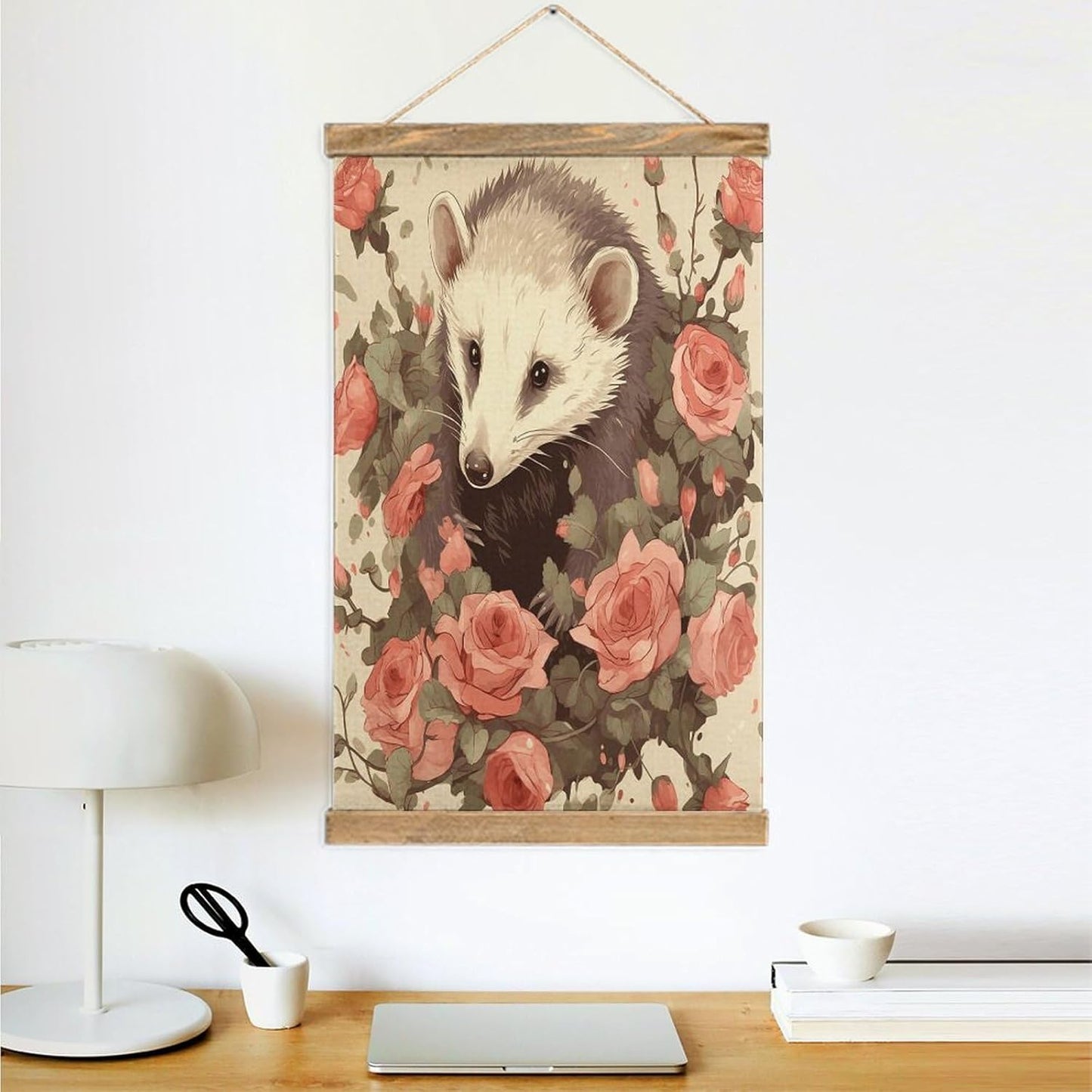 Vintage Opossum And Roses Poster with Wooden Frame Personalized Linen Hanging Scroll Painting Rustic Wall Hanging Illustrative Modern Artwork Decor for Home Living Room Bedroom Office