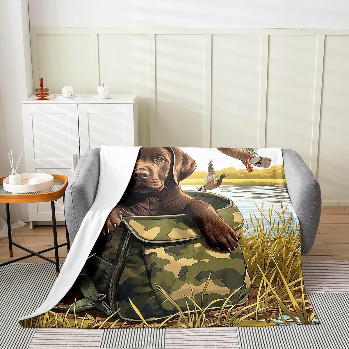 Castle Fairy Hunting Theme Puppy Flannel Blanket,Green Camouflage Bag Fleece Blanket for Room Decor,Wild Duck and Dog Throw Blanket for Sofa Couch,50"x60"