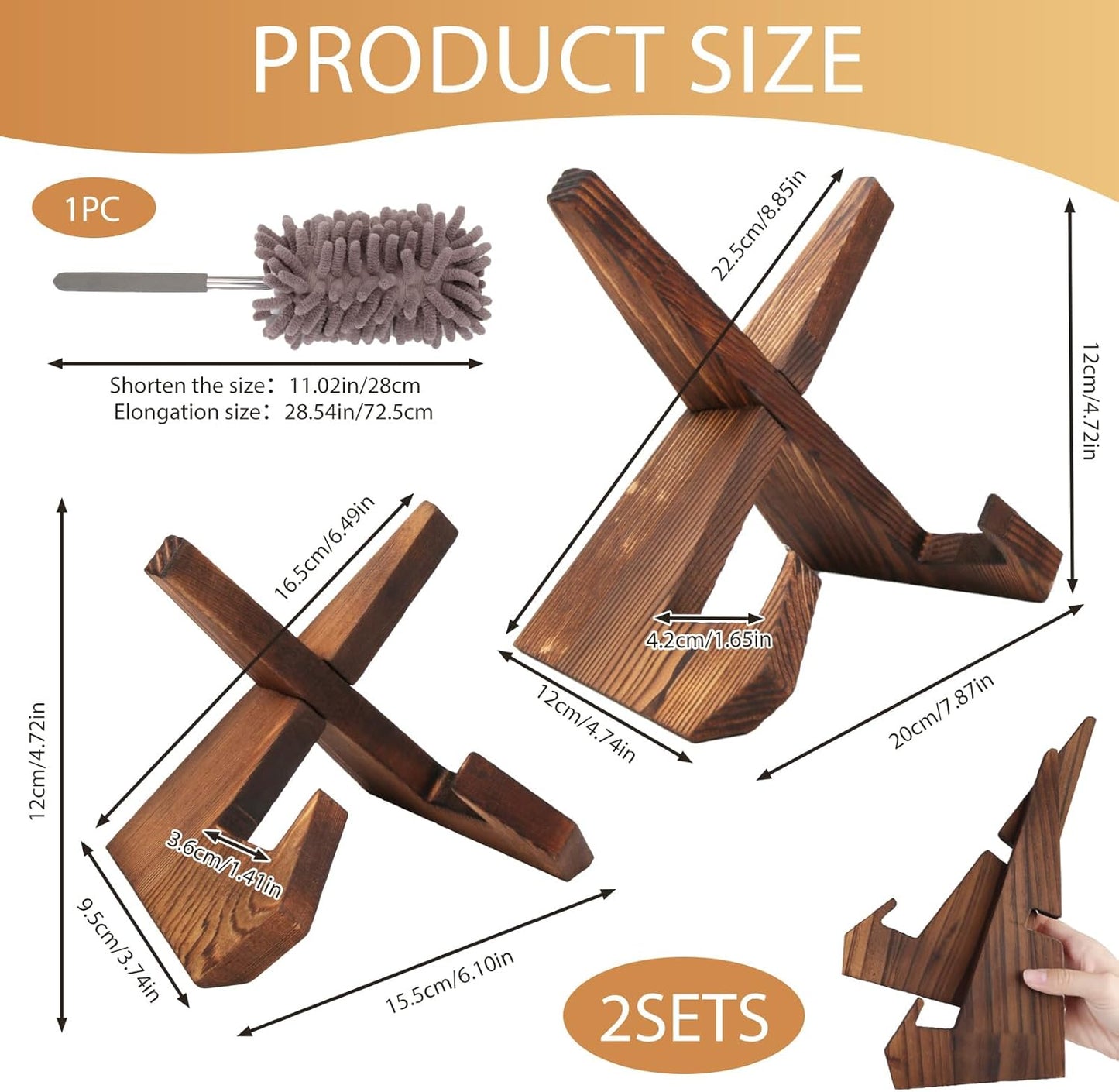 2 Pack Wooden Display Stands with Mini Duster, Easel Plate Bowl Holders for Display Frame Platter Dish, Decorative Stand for Cookbook Art Vinyl Record Photo Artist Home Office Collector (6" & 7.8")