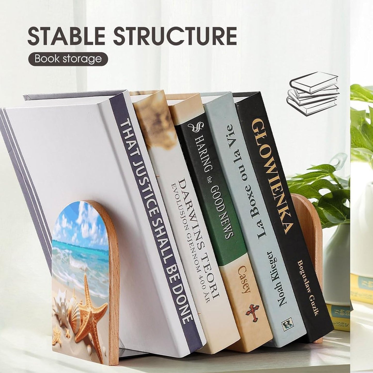 Starfish Seashell Ocean Beach Bookends 1 Pair Heavy Duty Book Ends for Shelves Non-Skid Bookend Supports Wooden Book Holders with Metal Base Desk Organizers Books Storage to Hold Books