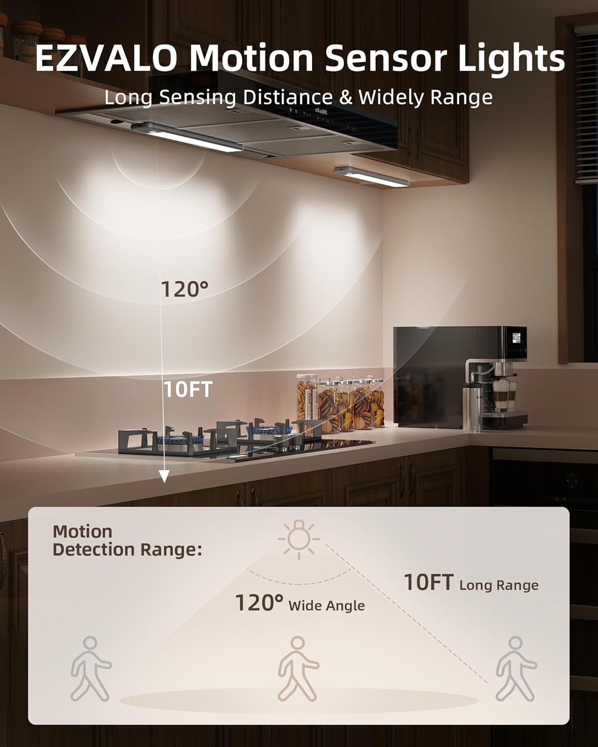 EZVALO Under Cabinet Lighting, 98 LED Rechargeable Motion Sensor Light Indoor, Magnetic Dimmable Closet Lights with 3 Color Temps, Wireless Under Counter Lights for Kitchen, Stairs(Grey, 2 Pack)