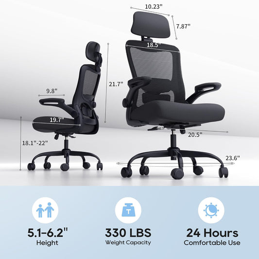 Ergonomic Office Chair, High Back Mesh Desk Chair with Adjustable Lumbar Support & Headrest, Flip-up Armrest, Computer Task Chairs for Home and Executive Office (B-Black)