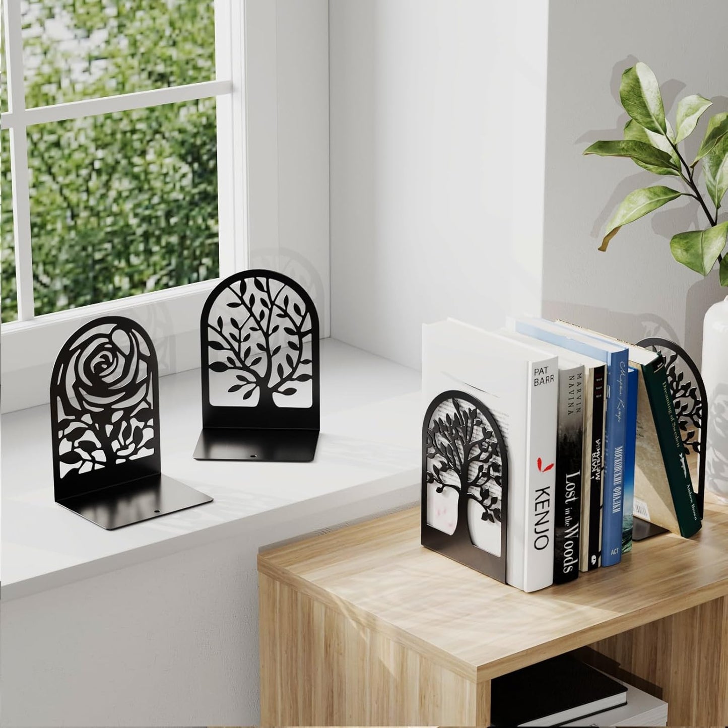 MaxGear Decorative Book Ends, Heavy Duty Bookends for Shelves, Metal Bookend for Heavy Book Supports, Office Bookends Shelf Holder Black 3pair, Non-Skid Book Stoppers 6.89x4.89x3.54 inch