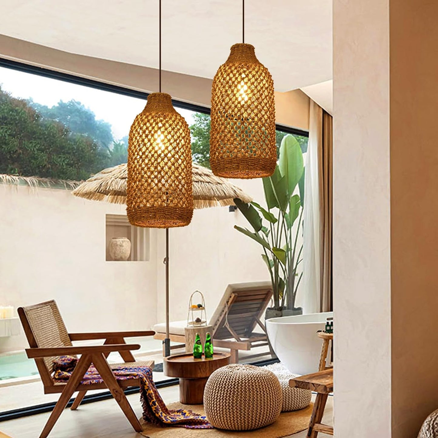 Arturesthome Boho Rattan Pendant Light Fixtures, Farmhouse Natural Ceiling Chandelier Lighting,Retro Wicker Hanging Lamp for Kitchen Dining Room 8.6"*19.6"