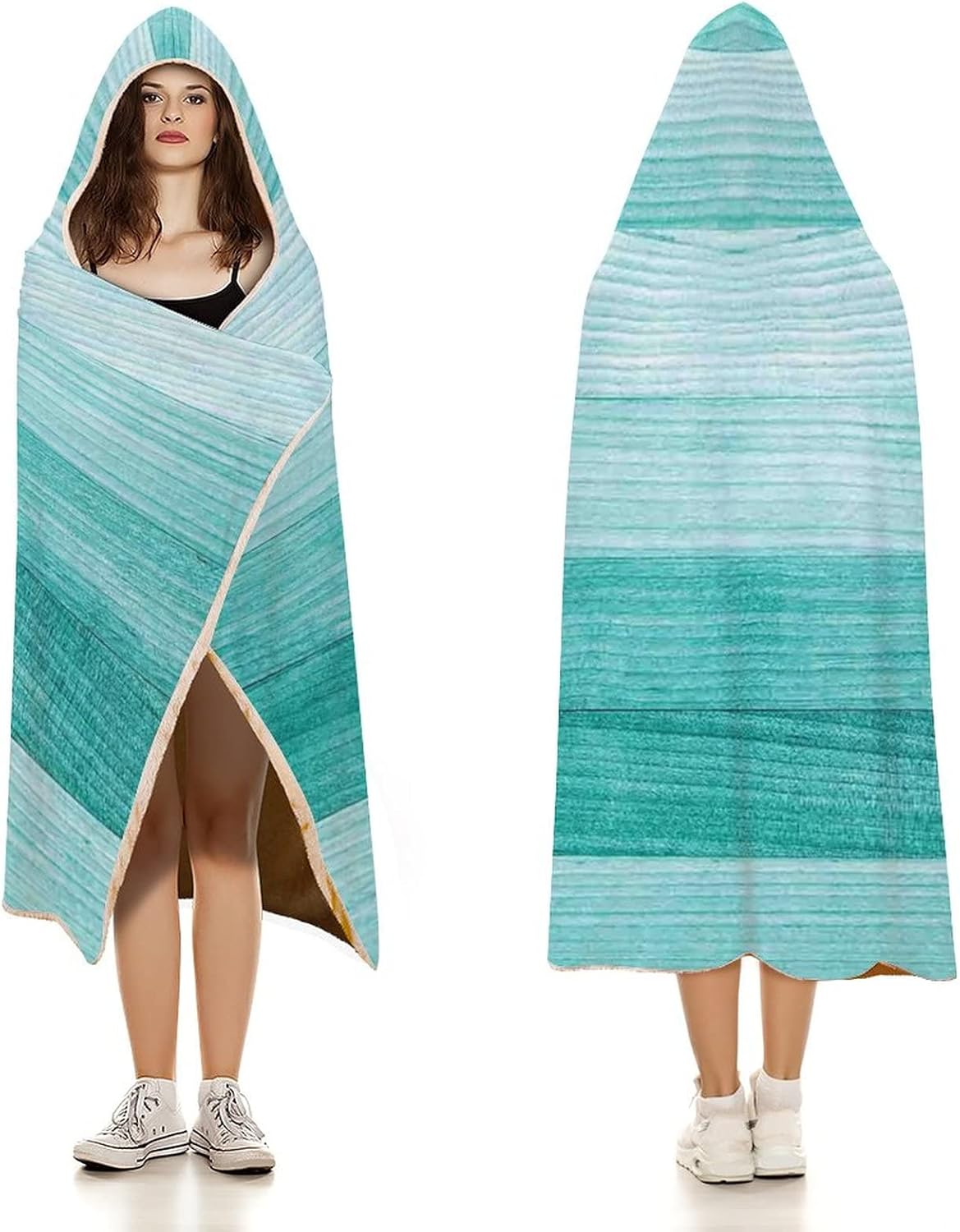 Throw Blankets, Teal Decor Wearable Hooded Blanket for Adults, Painted Wood Texture Penal Horizontal Lines, Soft Warm Cozy, 50 x 60inches, Studying Reading Snuggling Napping Office, Turquoise