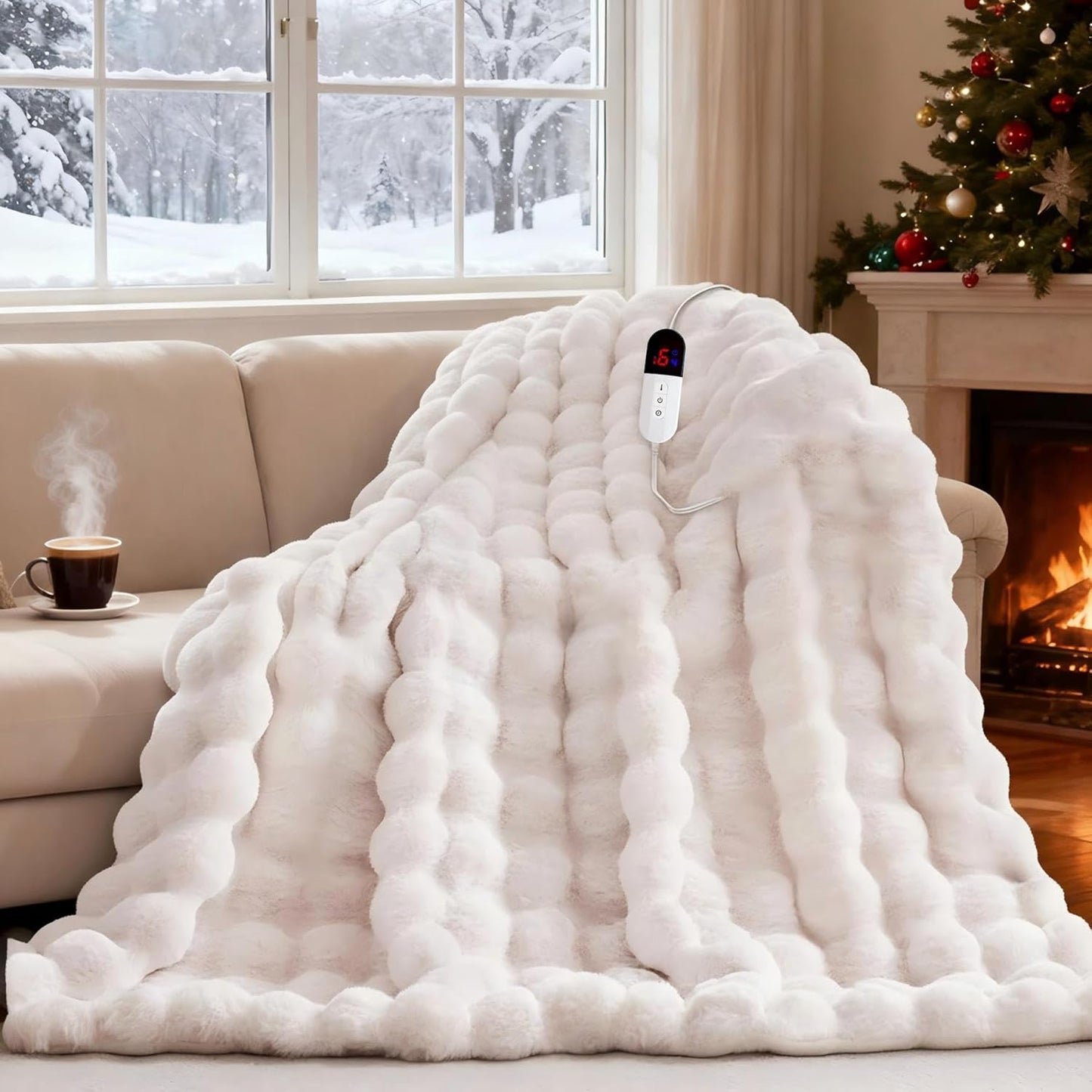 Heated Blanket Throw with 6 Fast Heating Levels,4 Hours Auto-Off,50x60 Cozy Faux Rabbit Fur Bubble Washable Electric Blanket with Overheating Protection,ETL Certification（Cream）