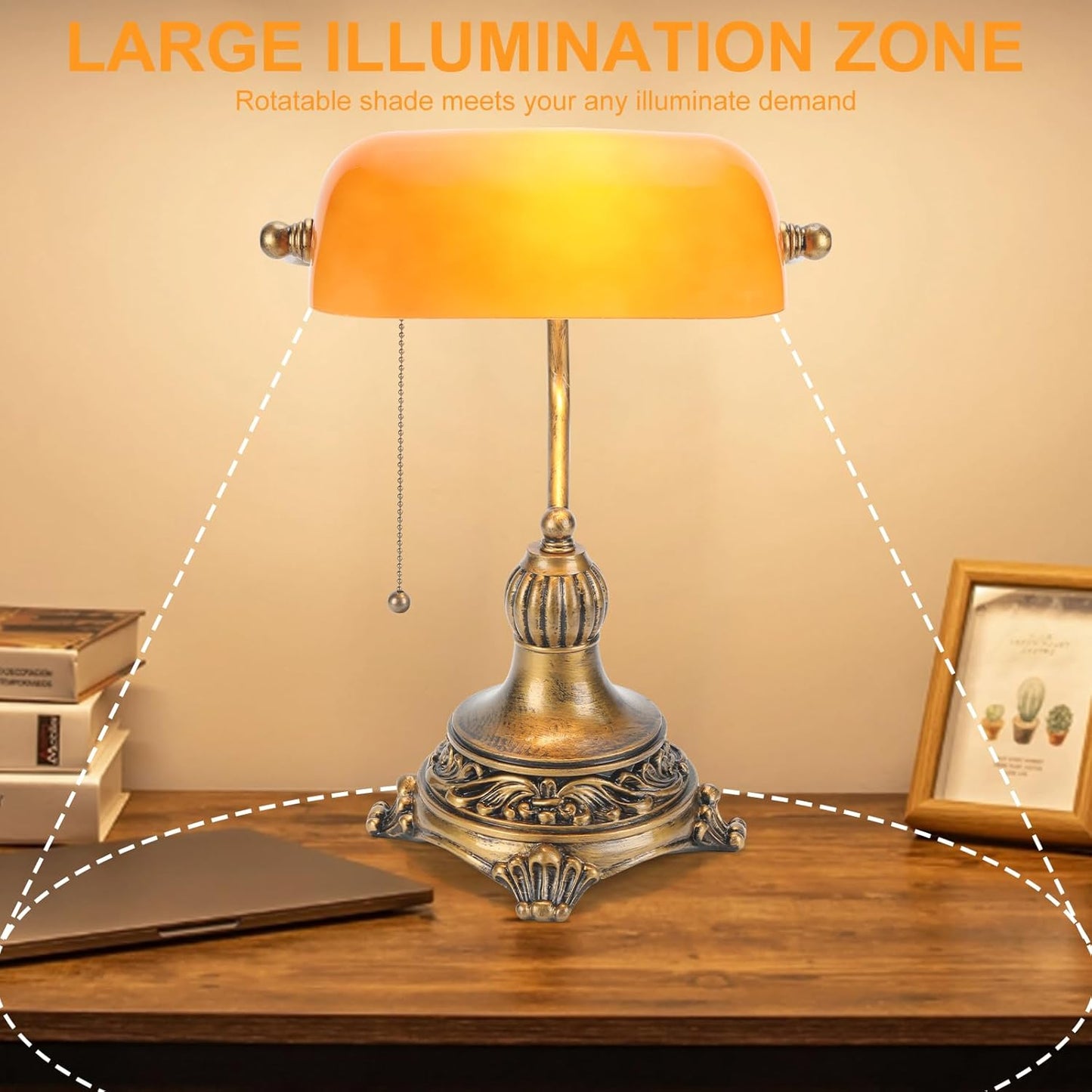 NISSAFORS Bankers Lamp with Pull Switch, Amber Glass Desk Lamp with Retro Black/Gold Finish, Vintage Table Lamps for Living Room, Library, Piano(Amber)