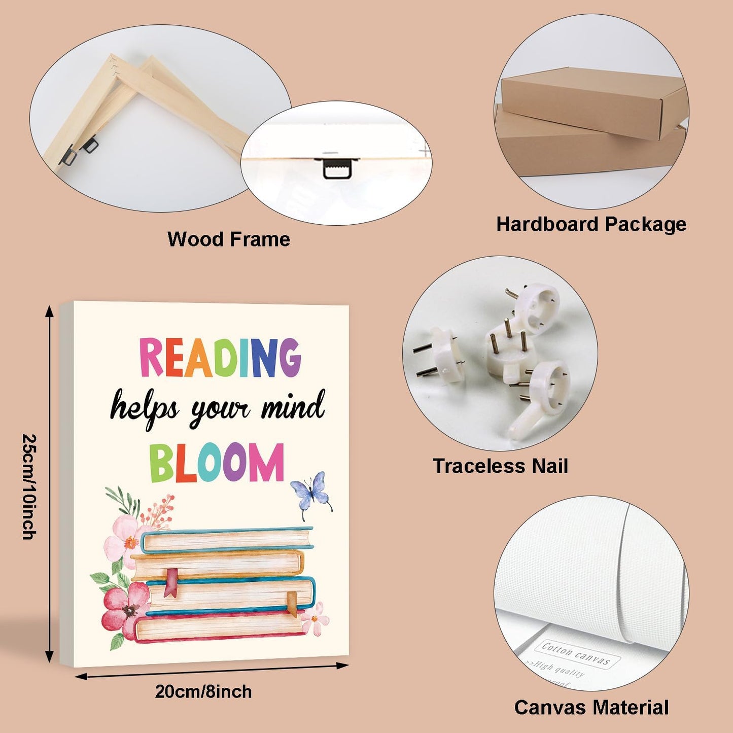 HOURIA 6Pcs Framed Classroom Reading Corner Canvas Wall Art(8"x10"),Inspirational Classroom Library Poster Wall Decor, So Many Books So Little Time Art Print for Nursery Middle School Student