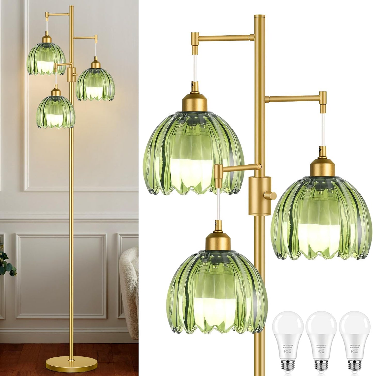 Dimmable Floor Lamps for Living Room-3 Light Gold Floor Lamp with Three Bulbs & Glass Lampshape, Mid Century Modern Standing Lamp Tree Tall Flower Floor Lamp for Bedroom Living Room,Corner
