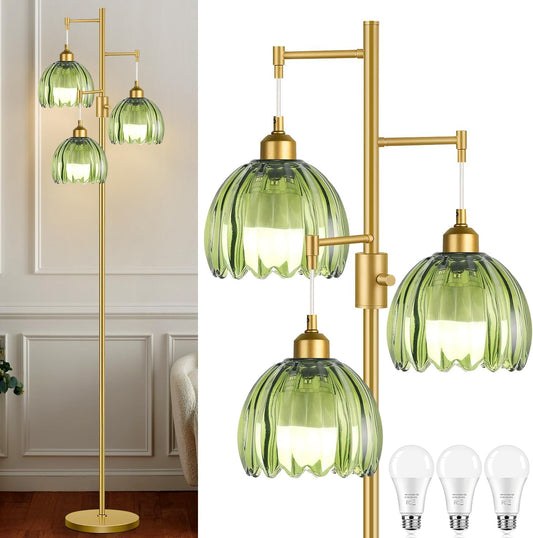Dimmable Floor Lamps for Living Room-3 Light Gold Floor Lamp with Three Bulbs & Glass Lampshape, Mid Century Modern Standing Lamp Tree Tall Flower Floor Lamp for Bedroom Living Room,Corner