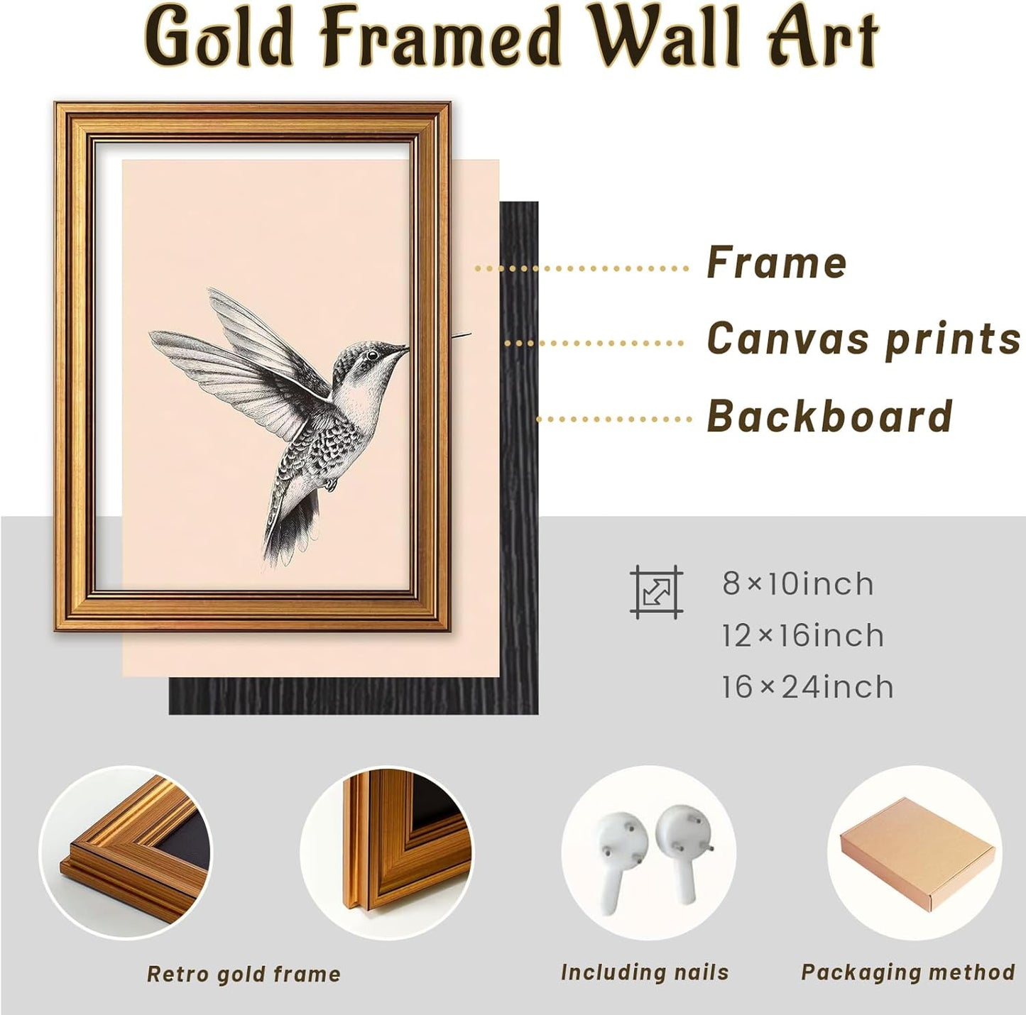 Gold Framed Hummingbird Wall Art - Vintage Black And White Bird Pictures Wall Decor, Simple Flying Bird Painting Canvas Prints, Rustic Cottage Sketch Artwork for Bathroom Hallway 12x16 Inch