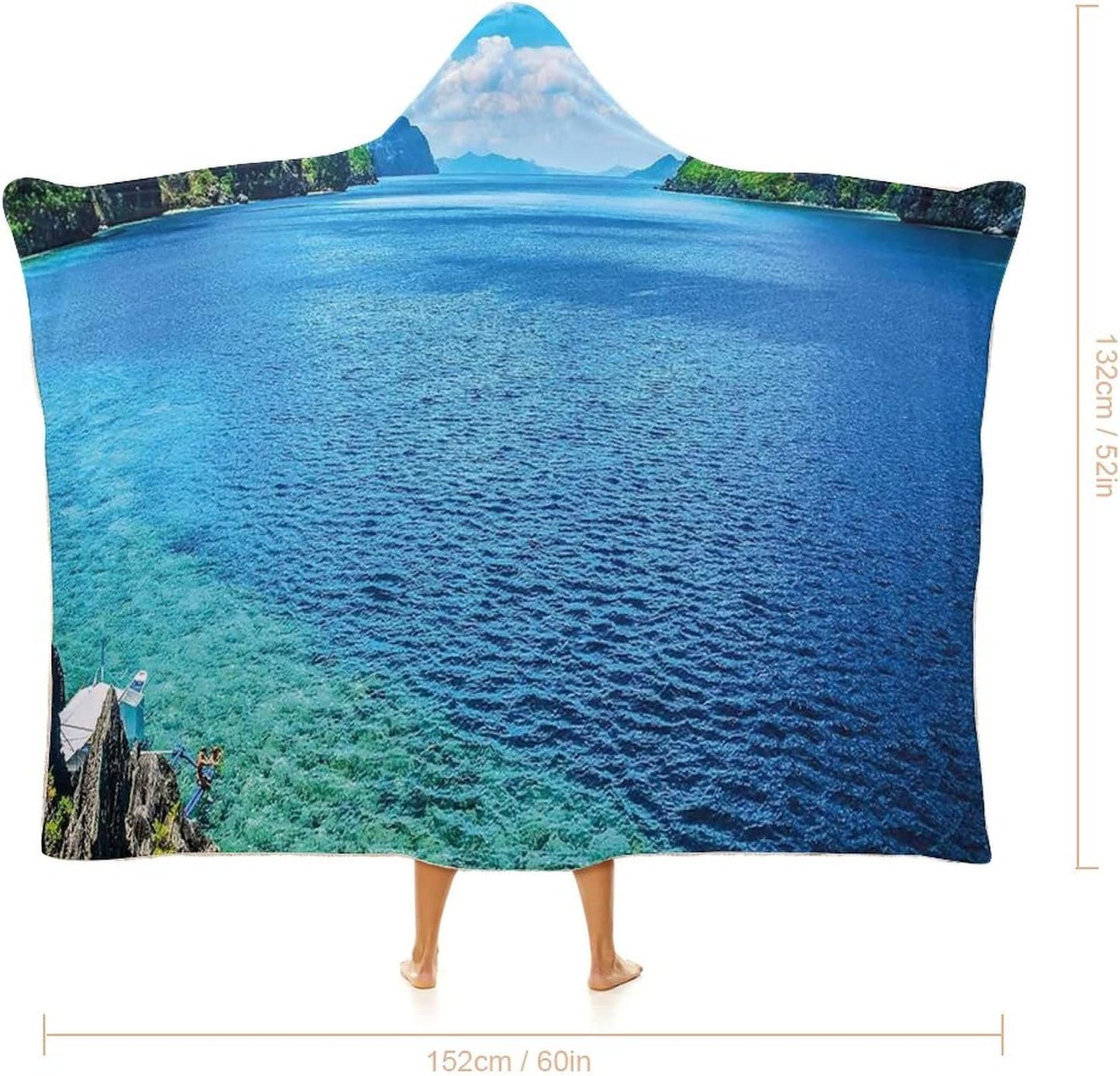 Throw Blankets, Nature Women Men Hooded Blanket, Scenic View Sea Bay and Mountain Islands in, Soft Warm Cozy, 40 x 50inches, Studying Reading Snuggling Napping Office, Blue Green White