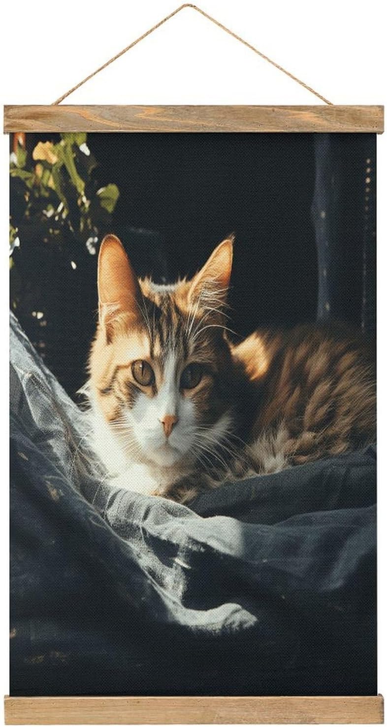 Vintage Resting Cat Poster with Wooden Frame Personalized Linen Hanging Scroll Painting Rustic Wall Hanging Illustrative Modern Artwork Decor for Home Living Room Bedroom Office