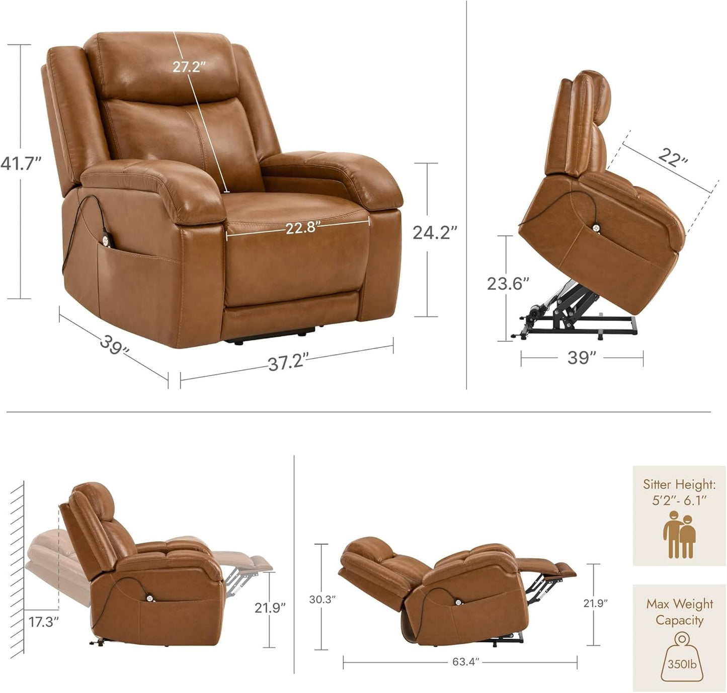 Genuine Leather Power Lift Recliner Chair with Heat and Massage Electric Lay Flat Chairs Headrest Visual Remote Control for Living Room Bedroom