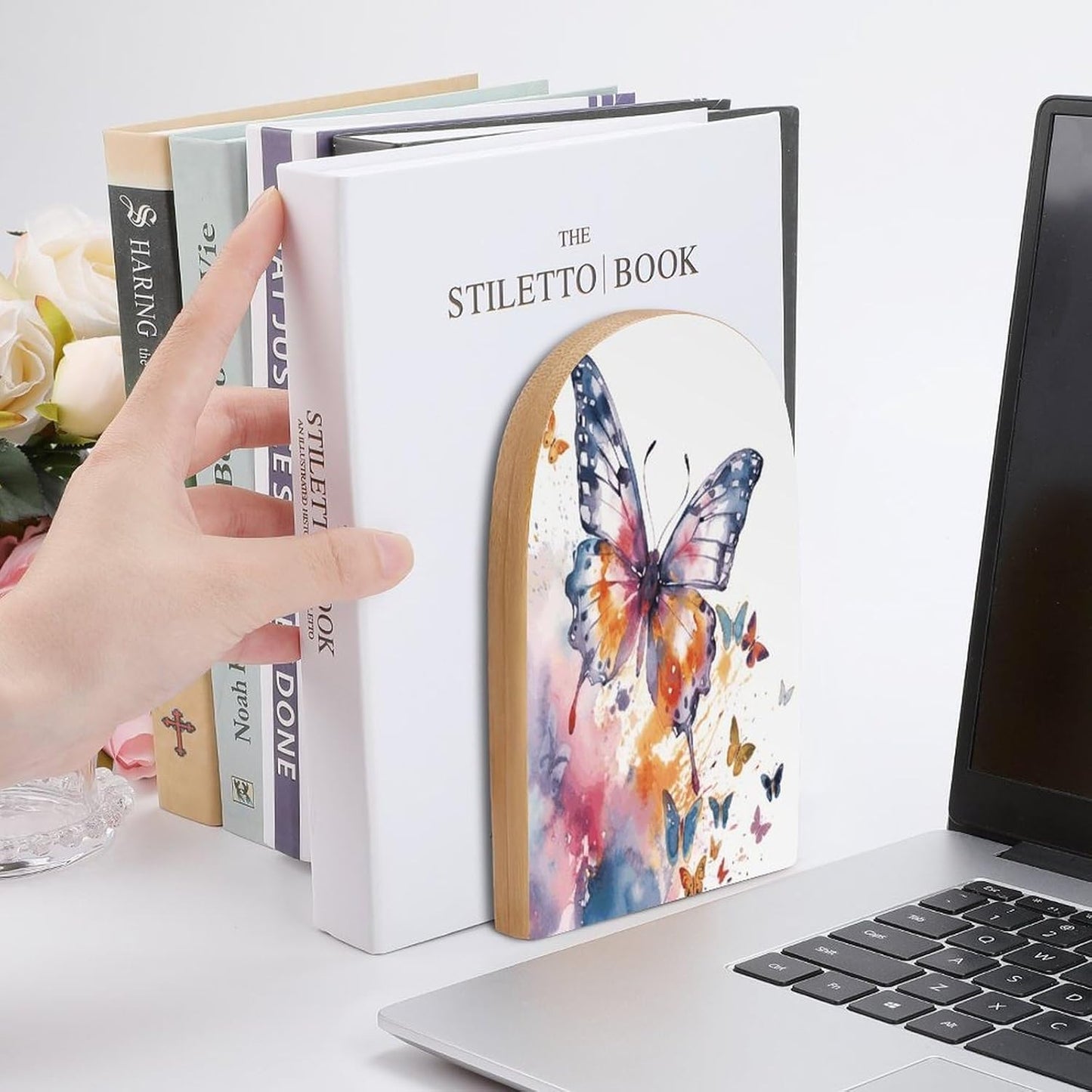 Watercolor Butterfly Bookend for Shelves Wooden Book End Large Size Sturdy Book Holders Stoppers with Metal Base for Bookshelves Slick Decorative Bookends Stands