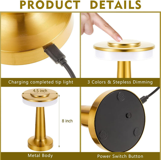 Riakrum 2 Pcs LED Portable Cordless Table Lamp with Touch Sensor 3 Color Stepless Dimming Rechargeable Battery up to 15 Hours Cordless Table Light Wireless Lamp for Nursery (Gold)
