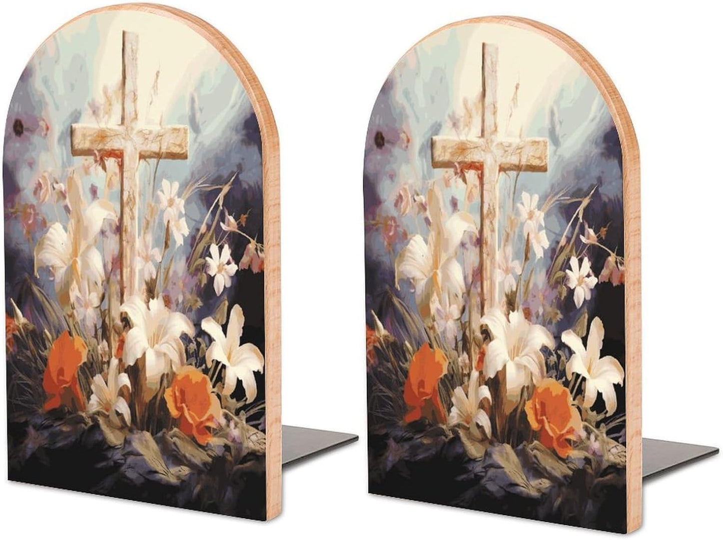 Non-Slip Bookend for Shelves Easter Cross Art Wooden Bookends with Metal Base Decorative Book Stopper for Home Heavy Duty Wood Book Storage for Books/CDs