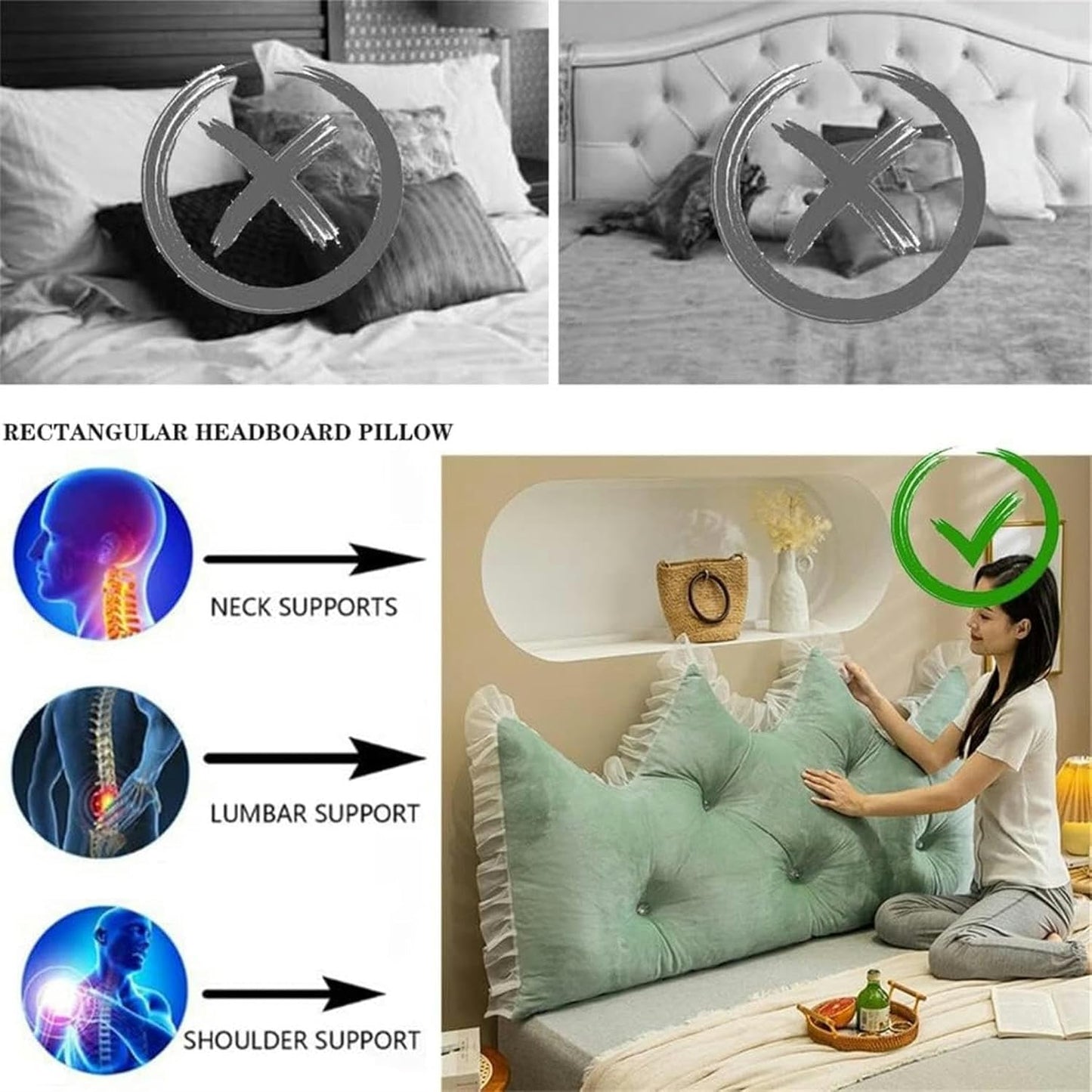 Reading Pillows Large Backrest Bed Back Cushion Wedge Lumbar Support Rest Pillow, Solid Color Headboard Pillow Bed Backrest Bolster for Dorm Room Daybed Full Size, Green